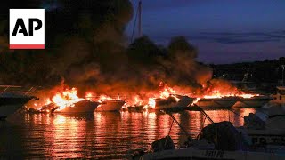 Fire rips through Croatian marina destroying 22 boats [upl. by Ahsienek334]