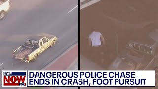 Dangerous police chase Stolen truck drives wrong way narrowly missing cars  LivenOW from FOX [upl. by Mariken]