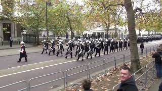 Remembrance Sunday 2024 Band of HM Royal Marines marching from Wellington Barracks to the Cenotaph [upl. by Annayhs]