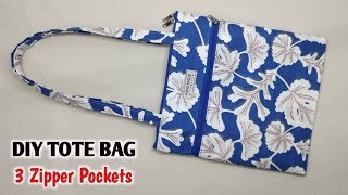 DIY TOTE BAG  3 ZIPPER POCKETS  Handbag making at home with cloth easy  Tote bag sewing tutorial [upl. by Dahcir868]