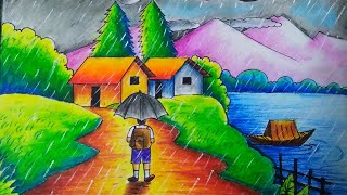 Rainy Day scenery drawing with oil pastel for Beginner How to draw rainy season scenery [upl. by Aseral782]