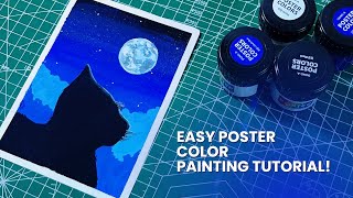 Easy Cat and the Moon Poster Color Painting for Beginners  StepbyStep Tutorial [upl. by Enellek]