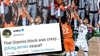 NBA TWITTER REACTS TO GIANNIS ANTETOKOUNMPO CRAZY BLOCK OVER DEANDRE AYTON  BUCKS TIE SERIES 22 [upl. by Stonwin]