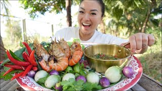 GRILLING GIANT PRAWNS  MAKING GREEN SEAFOOD SAUCE MUKBANG OUTSIDE  SASVlogs [upl. by Ydissak197]