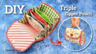 DIY TRIPLE ZIPPER POUCH BAG 💖 Step by Step Tutorial for Travel Organizer Bag [upl. by Cleti596]