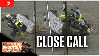 Flagman Nearly Struck By Flipping Car At Tulsa Shootout [upl. by Lavern]