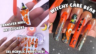 WITCHY CARE BEAR HALLOWEEN FREESTYLE 🖤🌙🪄 3XL ACRYLIC NAIL APPLICATION  Easy Transfer Stickers [upl. by Foushee]