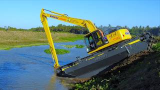 Crane Trucks Unloading Installing A Komatsu PC210 Long Reach Amphibious Excavator By UltraTreX [upl. by Adigun826]