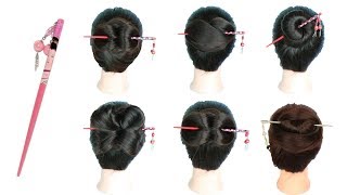 6 easy and amazing juda hairstyle with bun stick  chignon bun  chinese bun  cute hairstyles [upl. by Alyks]