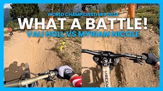 GoPro WHAT A BATTLE  1ST vs 2ND  2024 DH MTB World Champs FINALS  Vali Holl vs Myriam Nicole [upl. by Pepillo]