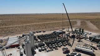 Aerial view of Oil amp Gas Well Site During Completions  Frac Operations  New Mexico USA [upl. by Nodnol]