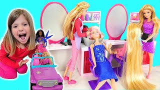 Playing Barbie Hair Salon inside our house Epic Kid fun video [upl. by Ennovyhc]