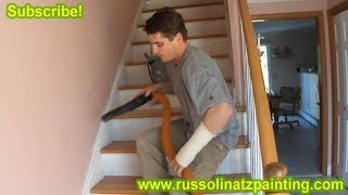 DIY Refinish amp Paint Hardwood Stairs that were Carpeted Stained Varnished Part 4 prime stringer [upl. by Ahsenhoj]