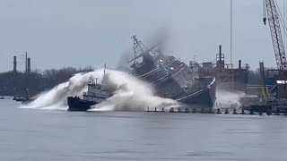 LCS 31 USS CLEVELAND LAUNCH CRASHED INTO TUGBOAT [upl. by Inaluiak844]