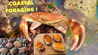 COASTAL FORAGING  Brown Edible CRAB  Abalone Cooked on a Bunker [upl. by Aihsenod]