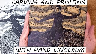 Carving and Printing with Hard Linoleum  LinoCut Printmaking Tutorial  Surfer  EHollingsheadArt [upl. by Hauhsoj774]