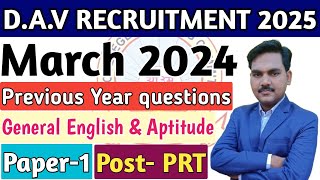 🎯DAV CBT EXAM Previous Year Questions 🔥 Paper1  General English amp Aptitude  Questions with Answer [upl. by Yenhoj]