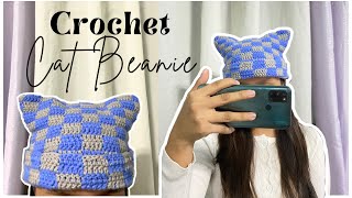 Crochet Cat Beanie Tutorial Checkered Beanie [upl. by Edaj]