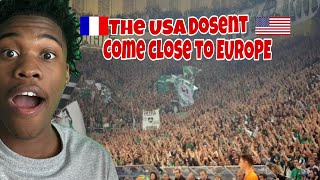 AMERICAN FIRST TIME REACTION TO Basketball fans and Atmosphere USA vs EUROPE [upl. by Ylnevaeh30]