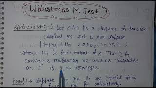 Weierstrass M Test proof in Hindi weierstrass m test mathematical analysis [upl. by Oisangi837]