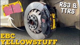 THE RS3 GETS NEW BRAKE PADS  EBC YELLOWSTUFF HOW TO REPLACE PADS ON TTRS amp RS3 [upl. by Adnolaj664]