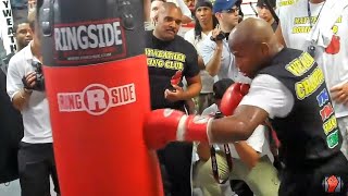 FLOYD MAYWEATHER JR WRECKING HEAVY BAG TRAINING FOR VICTOR ORTIZ MAYWEATHER WORKOUT VIDEO [upl. by Misha]