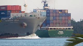 Captivating Footage Big Wave Smashes Container Ship Rounding The Curve At Sunset [upl. by Acirfa846]