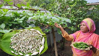 Pond Fish Catching amp Cooking Small Fish with Basella Alba Recipe Country Tiny Fish Pui Shak Ranna [upl. by Apilef]