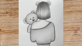 How to draw a girl holding a teddy bear  Girl drawing step by step  Easy drawing for beginners [upl. by Alegnad]