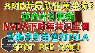 美股 AMD裁员跌出黄金坑？建仓计划！NVDA下财年估值上调！马斯克新职位影响TSLA？SPOT、PFE、SMCI更新！ [upl. by Nuy]