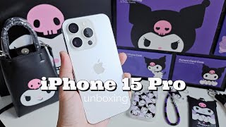 iPhone 15 Pro unboxing white titanium accessories amp setup 💜 Kuromi edition [upl. by Nomolas]