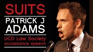 Patrick J Adams Suits acceptance speech UCD Law Society University College Dublin [upl. by Yelhsa]