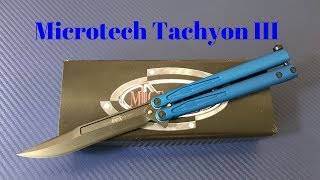 Microtech Tachyon III Balisong Knife with DLC Elmax blade and blue aluminum handles [upl. by Esiralc]