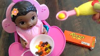 Baby Alive Super Snackin Lily Doll eats Reeses Pieces Candy for a Snack [upl. by Nivrem]