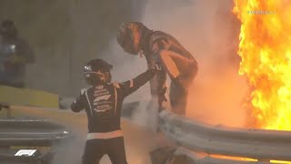 Formula 1 driver escapes from fiery inferno after crash at Bahrain Grand Prix I ABC7 [upl. by Lleynod]