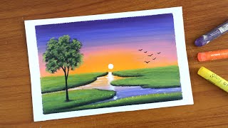 Easy Oil pastel Sunset Scenery Painting for beginners  MEADOWS IN SUNSET  Oil Pastel Drawing [upl. by Adnyc365]