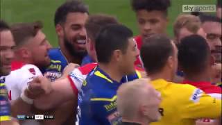 Three yellow cards at once as a high tackle led to a fight in Warringtons game against St Helens [upl. by Naanac610]