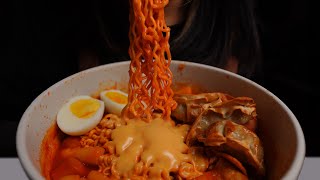 Spicy Mukbang Challenge Samyang Cheesy Buldak Ramen with Tteokbokki and Gyoza [upl. by Magocsi943]