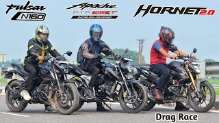 Honda Hornet 20 Vs Pulsar N160 Vs Apache 160 4v  Drag Race  Who Will Win [upl. by Rap]