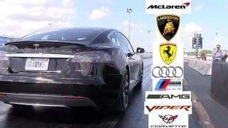 Tesla Model S P85D P85 Racing the World 060 MPH Ferrari Lamborghini Audi Viper Vette AMG M [upl. by Jeff319]