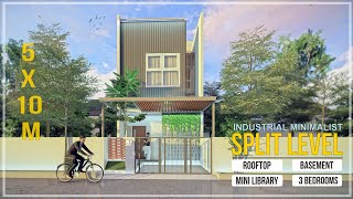 Split Level House 5x10 m  Industrial Minimalist with 3 Bedrooms Basement and Mini Library [upl. by Brocklin889]