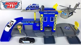 MAISTO VEHICLES  MOTOR MAX POLICE STATION SET WITH HELICOPTER RAMPS PARKING amp ELEVATOR  UNBOXING [upl. by Lekzehcey]