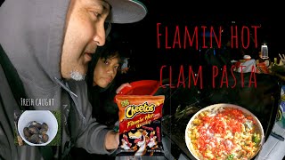 Bodega bay clamming and made flamin hot Cheetos clam pasta  catch and cook  camping bodega [upl. by Esylle]