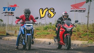 TVS Apache RTR160 4V FI vs Honda CBR 150R Drag race and exhaust note comparison [upl. by Harrell]