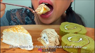 SUELL ASMR BITES ONLY CREPE CAKE MATCHA CAKE ROLLS CREAM CAKE ASMR [upl. by Einnor]