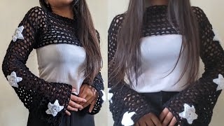 How to Crochet fishnet star shrug🤍 flare or bell sleeves crochet  simple and easy steps💫 [upl. by Asiled991]