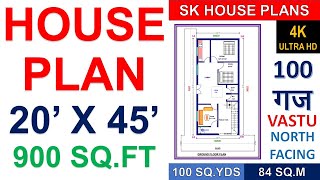 VASTU NORTH FACING HOUSE PLAN 20 X 45  900 SQFT  100 SQYDS  84 SQM  100 GAJ  4K [upl. by Albric]