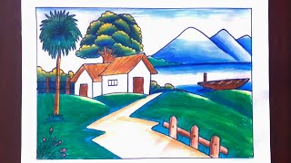 Oil pastel nature scenery drawing  Scenery drawing for beginners  Village scenery drawing [upl. by Ulda]