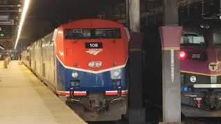 Amtrak Lakeshore Limited departs South station w a 3 header P42DC 108 50th anniversary unit leads [upl. by Orat]