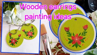 Wooden earrings painting ideas  Hand painted wooden earrings  Flowers Painted earrings [upl. by Jermayne]